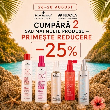 С 26.08 по 28.08 получи скидку -25%  при заказеот 2-х и более продуктов**В акции участвуют бренды : INDOLA, Schwarzkopf Professional